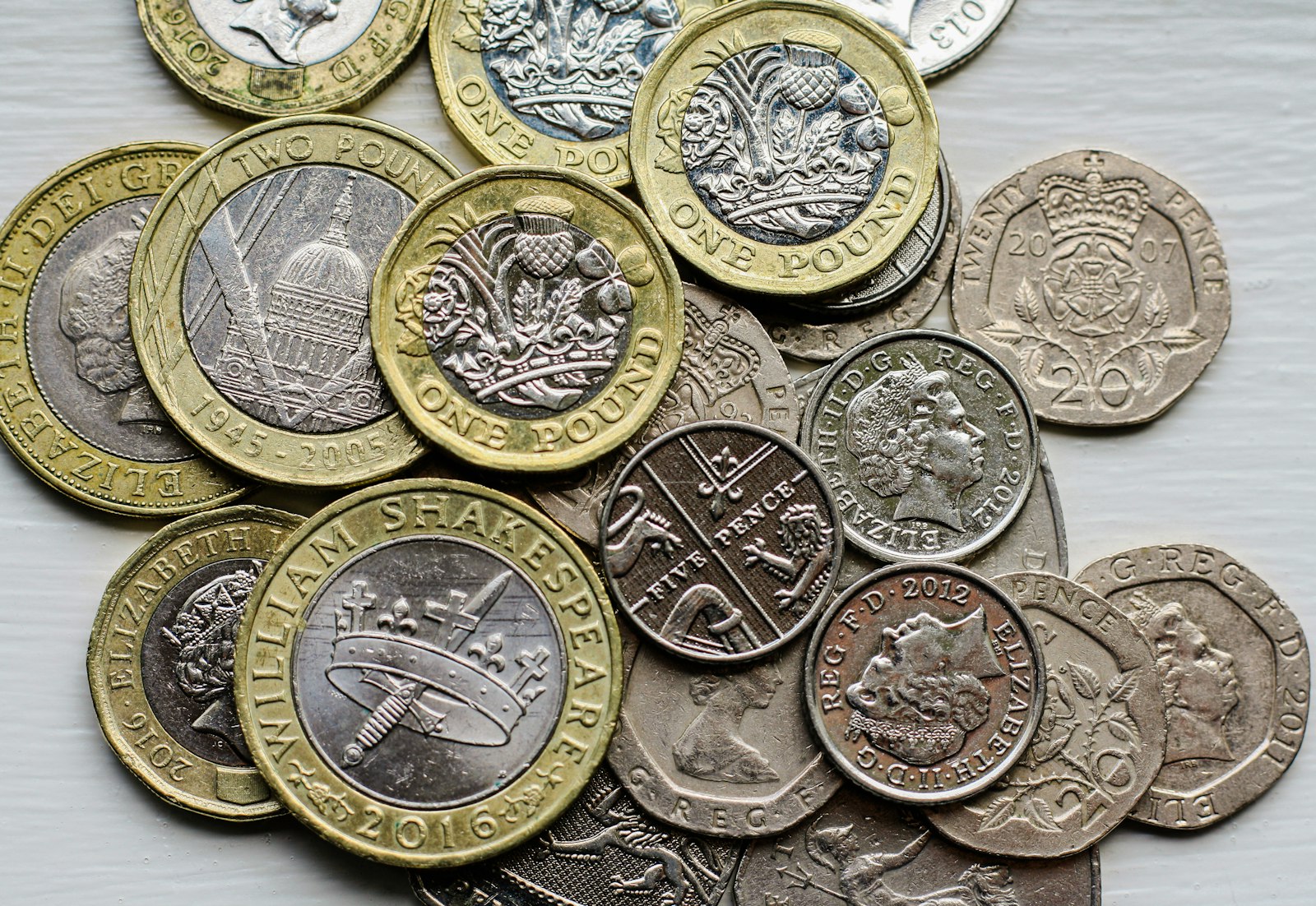 Pile of British coins on a worn surface — affordable credit illustration
